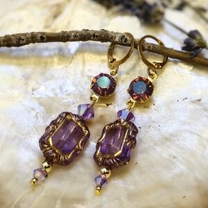 Victorian Purple W/ Amethyst Opal AB Crystal In Long Gold Plated Earrings